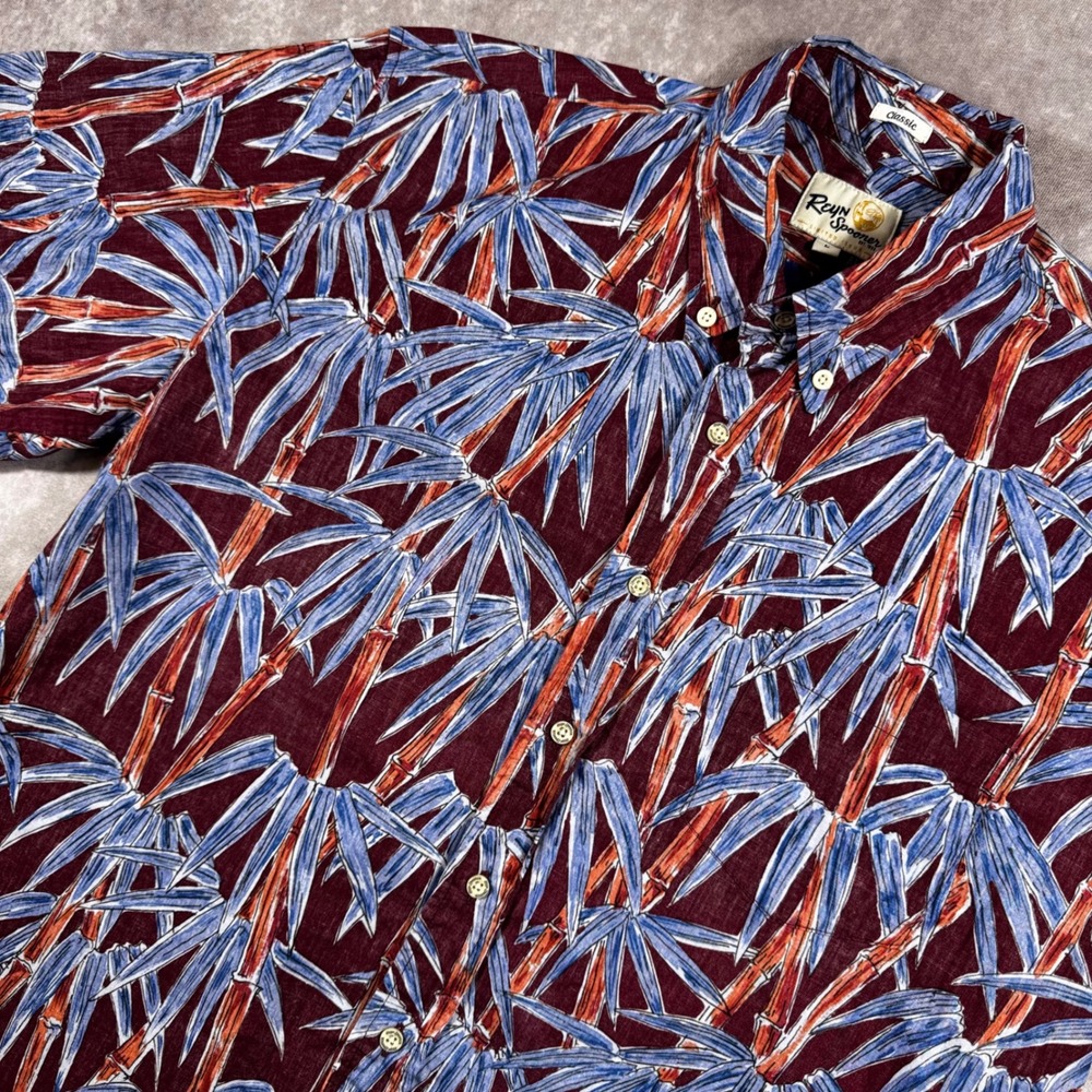 Reyn Spooner Limited Issue Bamboo Print Cotton Aloha Shirt Burgundy Mens Large